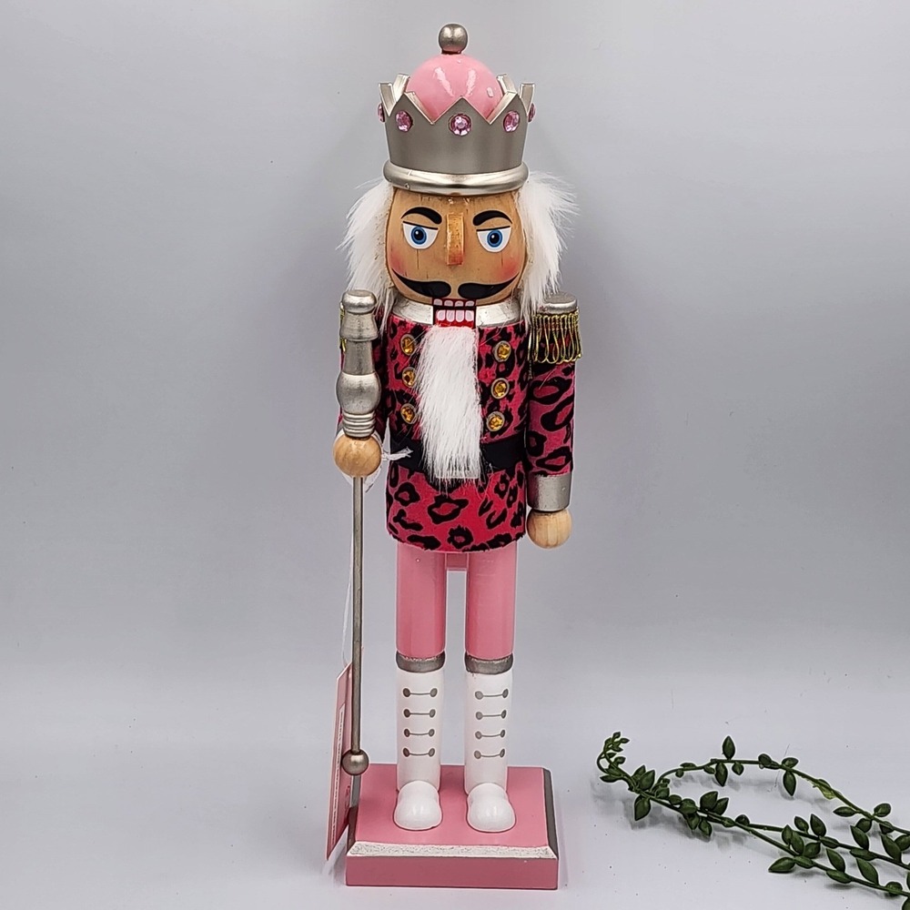 Bella Lux Pink Leopard Print Nutcracker King Wood Gold Crown Staff Decor 14"